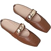 EGGDK Women's Hollow Leather Flat Mules with Metal Buckle Square Toe Slingback Slip-On Mary Jane Flats Lightweight Comfortable Non-Slip Slippers for Office & Casual Wear