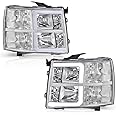 PIT66 LED DRL Tube Projector Headlights Compatible with Chevy Silverado 1500 2007-2013/ 2500HD 3500HD 07-14, Not Fit 2007 Old Body Silverado Classic w/o Bulb Clear Lens Chrome Housing Clear Reflector