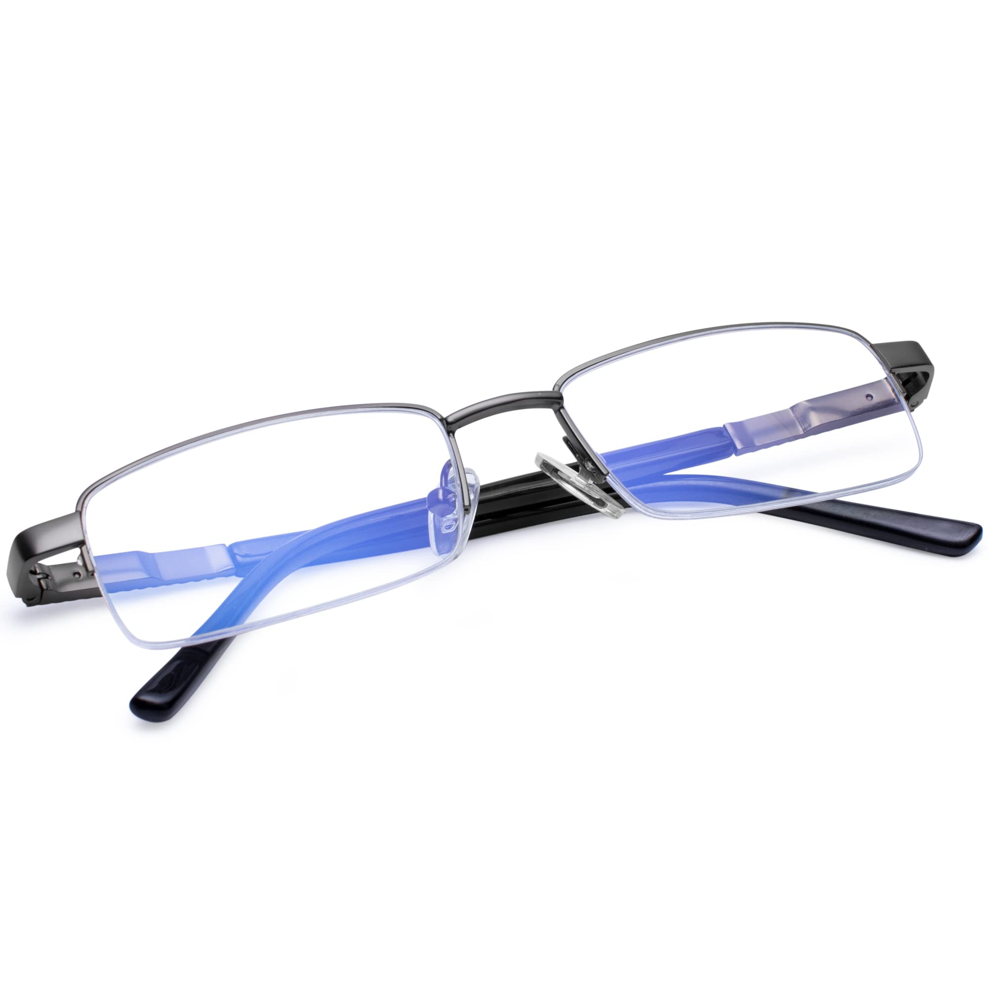 Madison Avenue Blue light Blocking Reading Glasses for Men, Half Frame Metal Readers with Spring Hinges, Anti Eyestrain UV Glare Computer Eyeglasses (Gunmetal, +4.00 magnification)