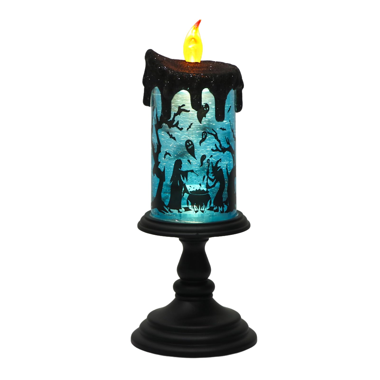 Photo 1 of Eldnacele Halloween Snow Globe Flameless Candle with Timer, Battery Operated Spooky Spinning Water Glittering Tornado Lamp LED Candlestick Table Fireplace Witch Decal Halloween Holiday Decoration