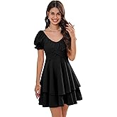 Women‘s Summer Lantern Sleeve A-Line Casual Mini Dresses Double-Layer Sleeves V-Neck Dress