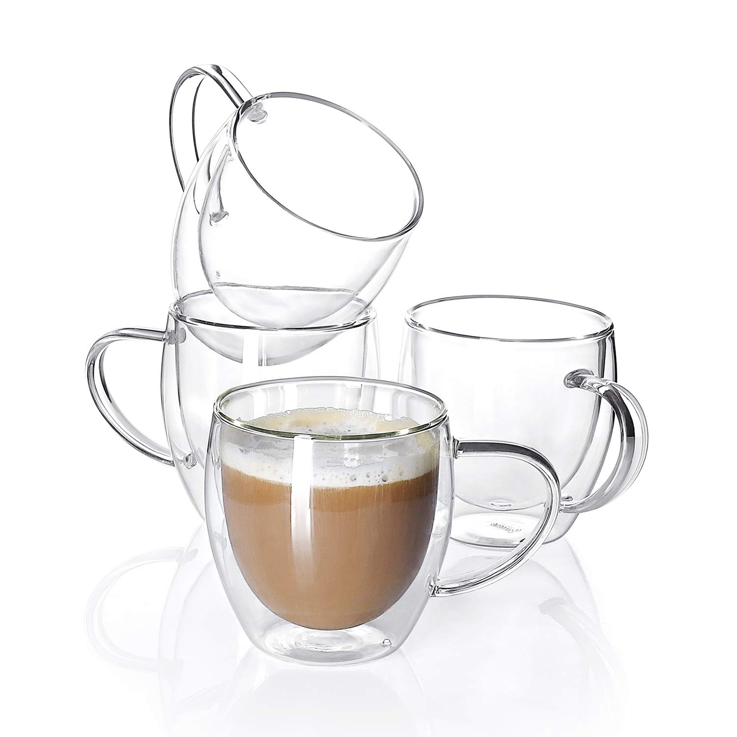 Sweese 415.101 Glass coffee mugs - 4PCS Double Wall Insulated Glass Coffee Tea Cup Set with Handle, Perfect for Espresso, Latte, Cappuccino, 8 oz
