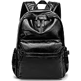 Leather Laptop Backpack for Men Women, School College Bookbag Casual Travel Daypack (Black)