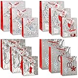 12 Merry Christmas Gift Bags Bulk 4 Large 4 Medium 4 Small Silver and Red Elegant Pop Up 3D Glitter and Foil Design with Handles and Tags for Kids Women Classroom Holiday Wrapping Party Favors Toys