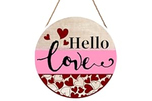 MIAOQUHE Valentine's Day Door Sign For Front Door Decor,Red Heart Hello Love Wooden Sign 12"x 12" Round Wood Hanging Door Sign Valentines Decoration for Wall Rustic Farmhouse Porch Decor