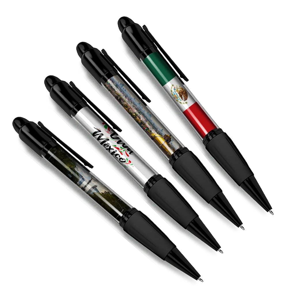 DV DESIGN Set of 4 Mexico Black Ballpoint Pens - Mexican Flag Viva Landmarks Holiday Travel Friends Boys Girls Men Women Theme Pen #79500