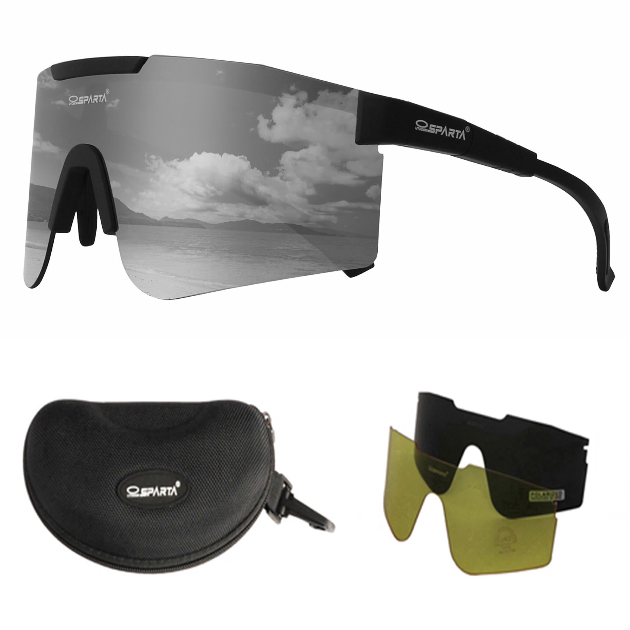OUTDOORSPARTA Polarized Sports Sunglasses with 3 Interchangeable Lenses, Cycling Glasses,Baseball Golf Driving Sunglasses(6. Black Temple, Silver Lens)