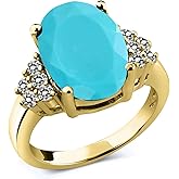 Gem Stone King 3.33 Ct Oval Green Turquoise White Diamond 18K Yellow Gold Plated Silver Ring