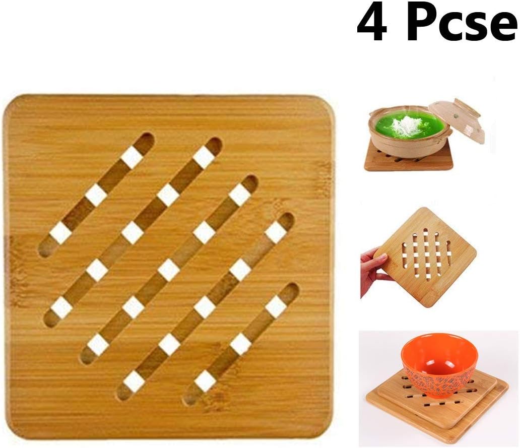 Bamboo Trivet Mat Set, Heavy Duty Hot Pot Holder Pads Coasters, Perfect for Modern Home Kitchen Decor, Set of 4, 7" Square