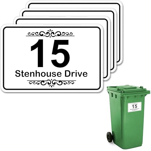 4 x Customised Wheelie Bin Number and Address Stickers Self Adhesive with Personalised House Number and Street or Road Name Waterproof and Weatherproof Custom Bin Sticker 10x15cm (Option 02)