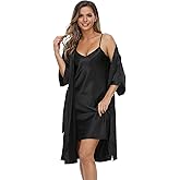 Women's Satin Nightgown with Robes Set 2 Piece Sleepwear Sexy Slip Gown Pajamas Set Silky Cami Nightwear