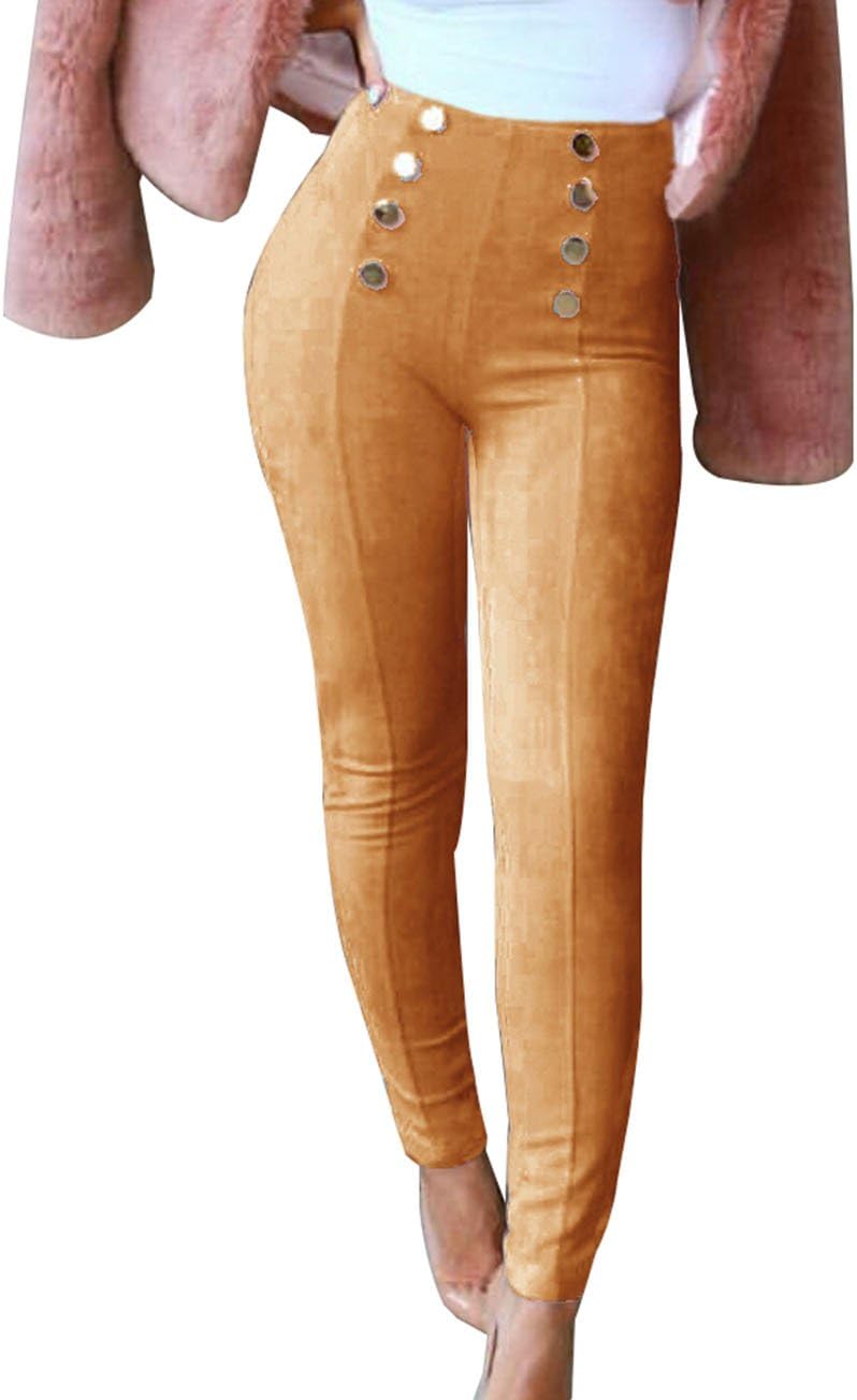 GUOLEZEEV Womens Skinny Pencil Pants Suede High Waisted Ankle Length Leggings with Button Embellish