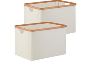 iEGrow 2-Pack Storage Baskets, Collapsible Storage Bins With Bamboo Handles, Rectangle Closet Storage for Organizing Toys, Books, Shelves, Closet,Beige