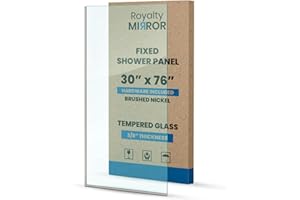 ROYALTY MIRROR Royalty Fixed Shower Screen - 30" x 76" Frameless 3/8" Clear Tempered Glass Panel with Hardware - Easy Clean Smart Guard Coating - Minimalist Modern Design for Bathroom - Brushed Nickel