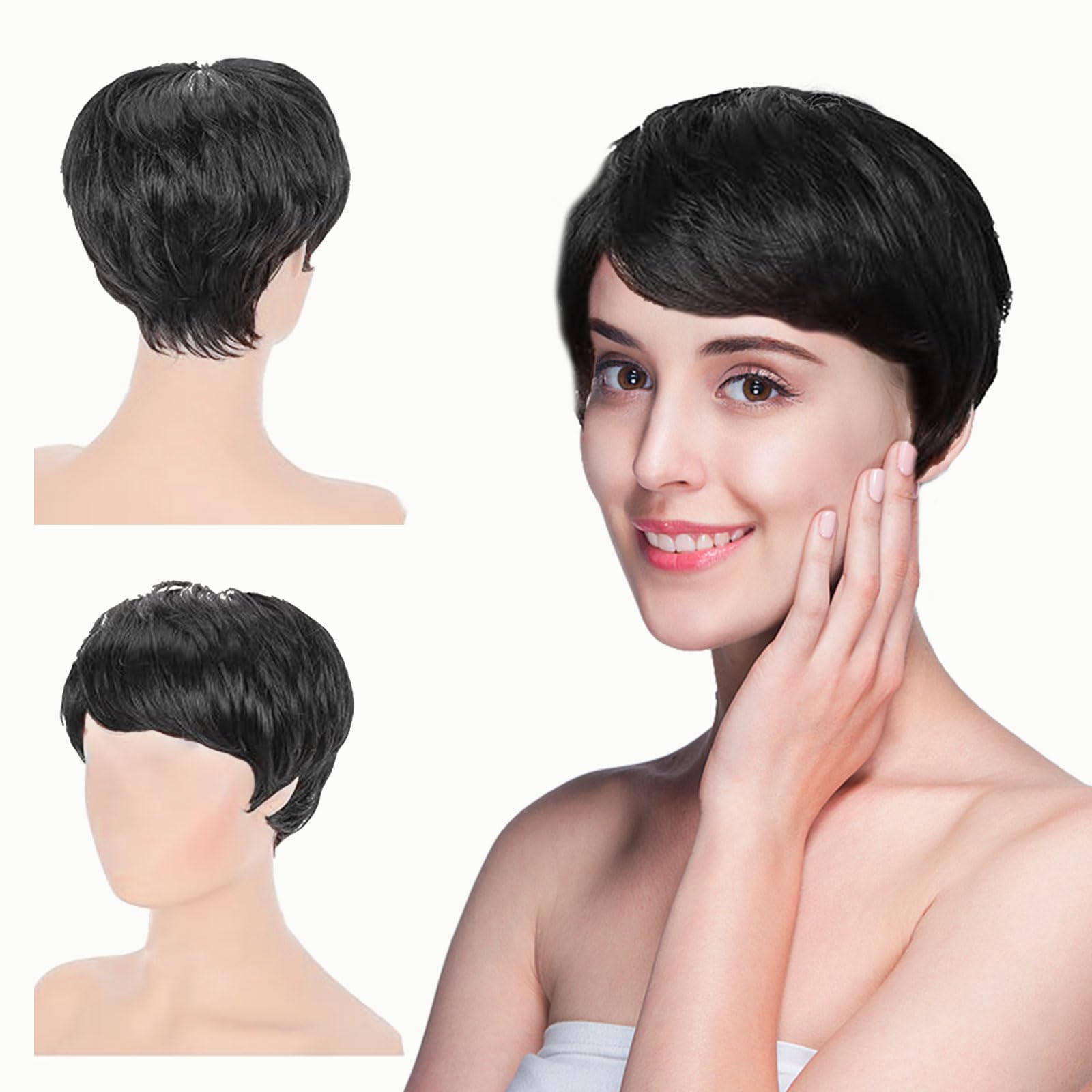 EUPSIIU Short Human Hair Wigs for Women Short Wigs Pixie Cut Wigs with Bangs Synthetic Women for Daily Use Fancy Dress Cosplay Halloween Daily Costume Replacement Wig(Black)