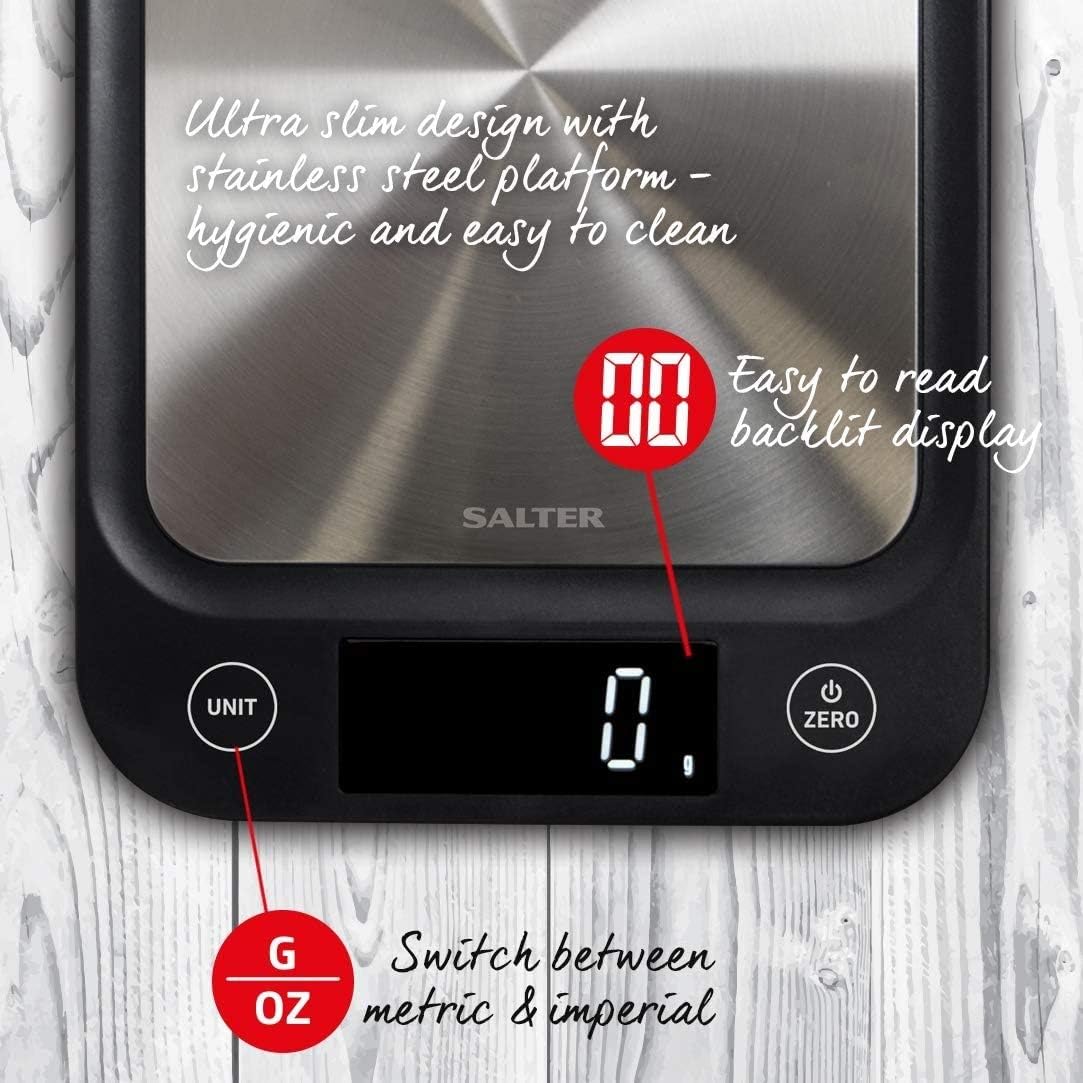 Salter Compact Digital Kitchen Scale, 5kg Capacity, Slim Design Baking & Cooking Food Scale, Stainless Steel Platform - Image 4