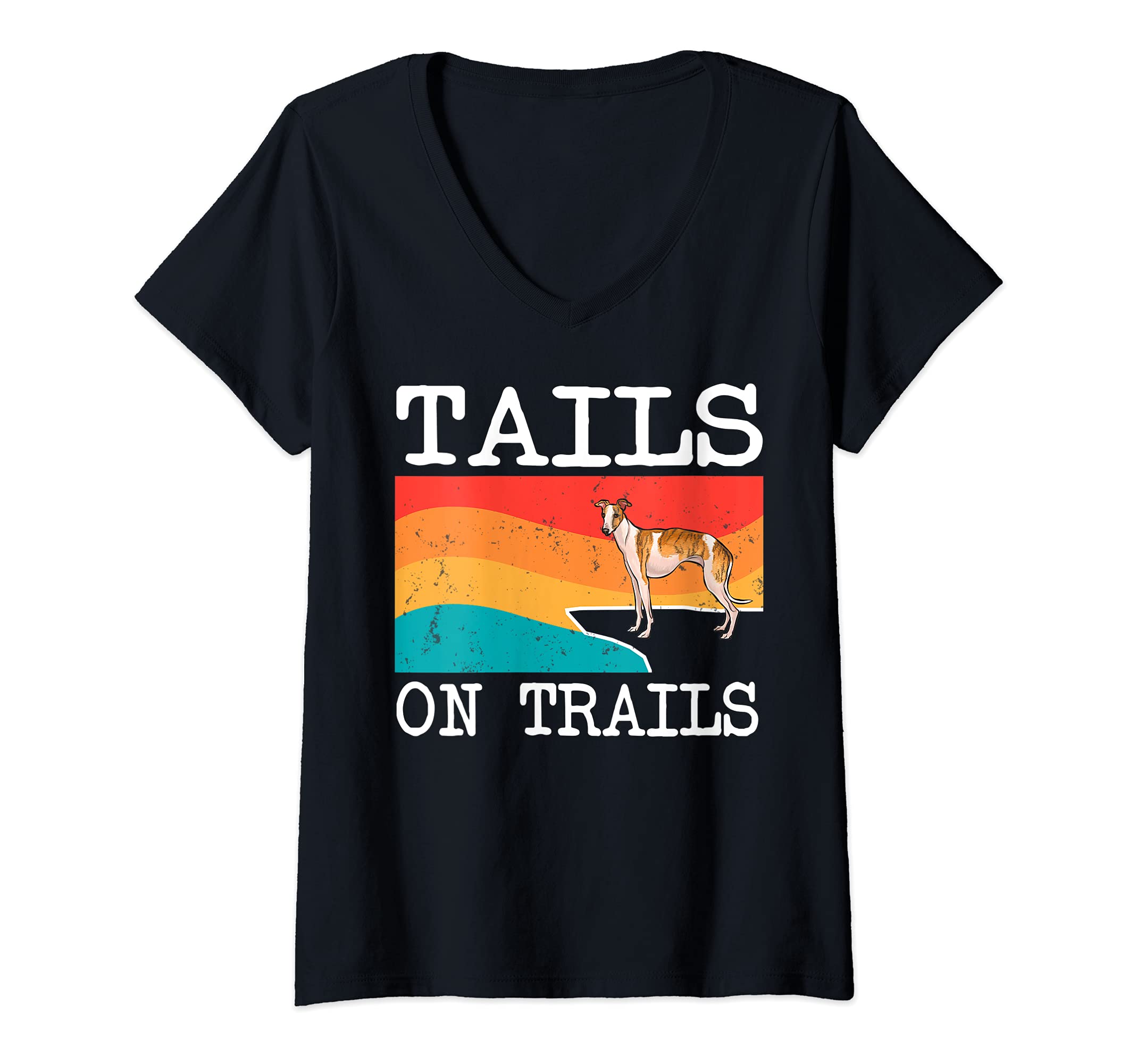 Womens Tails On Trails Whippet Dog Funny Hiking V-Neck T-Shirt