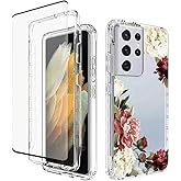 Tothedu Phone Case for Galaxy S21 Ultra 5G SM-G998U Case with Tempered-Glass Screen Protector, Cute Clear Floral Pattern Full Body Protective Cover Cases for Samsung Galaxy S21 Ultra 5G (Flower)