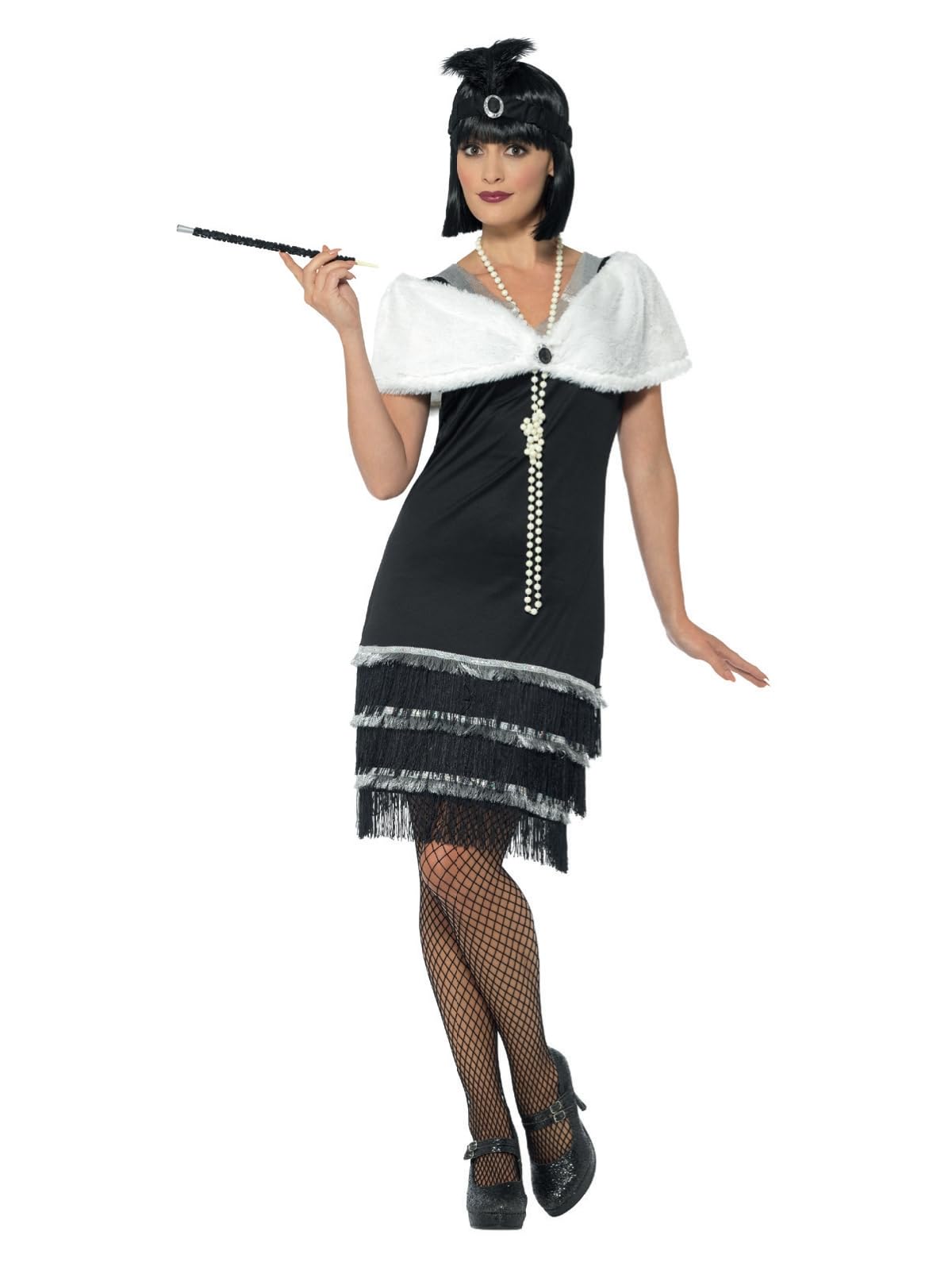 Smiffys Flapper Costume, Black with Dress, Headband & Fur Stole, 1920's Razzle Fancy Dress, Adult Dress Up Costumes