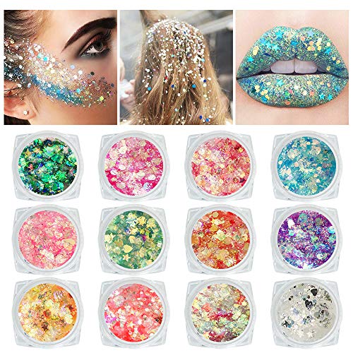 12 Colors Chunky Fine Body Glitter, Face Nail Glitter Sequins, Holographic Glitter for Eyes Hair Lipgloss, Self-adhesive Mixable Makeup Glitter for Festival Carnival Halloween Party(Not Loose Glitter)