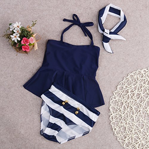 Mekilyn 3Pcs Infant Baby Girls Halter Bowknot Tube Top+Short Strips Bottoms+Headband Bathing Bikini Swimsuit (Navy Blue, 2T) - Thumbnail 2