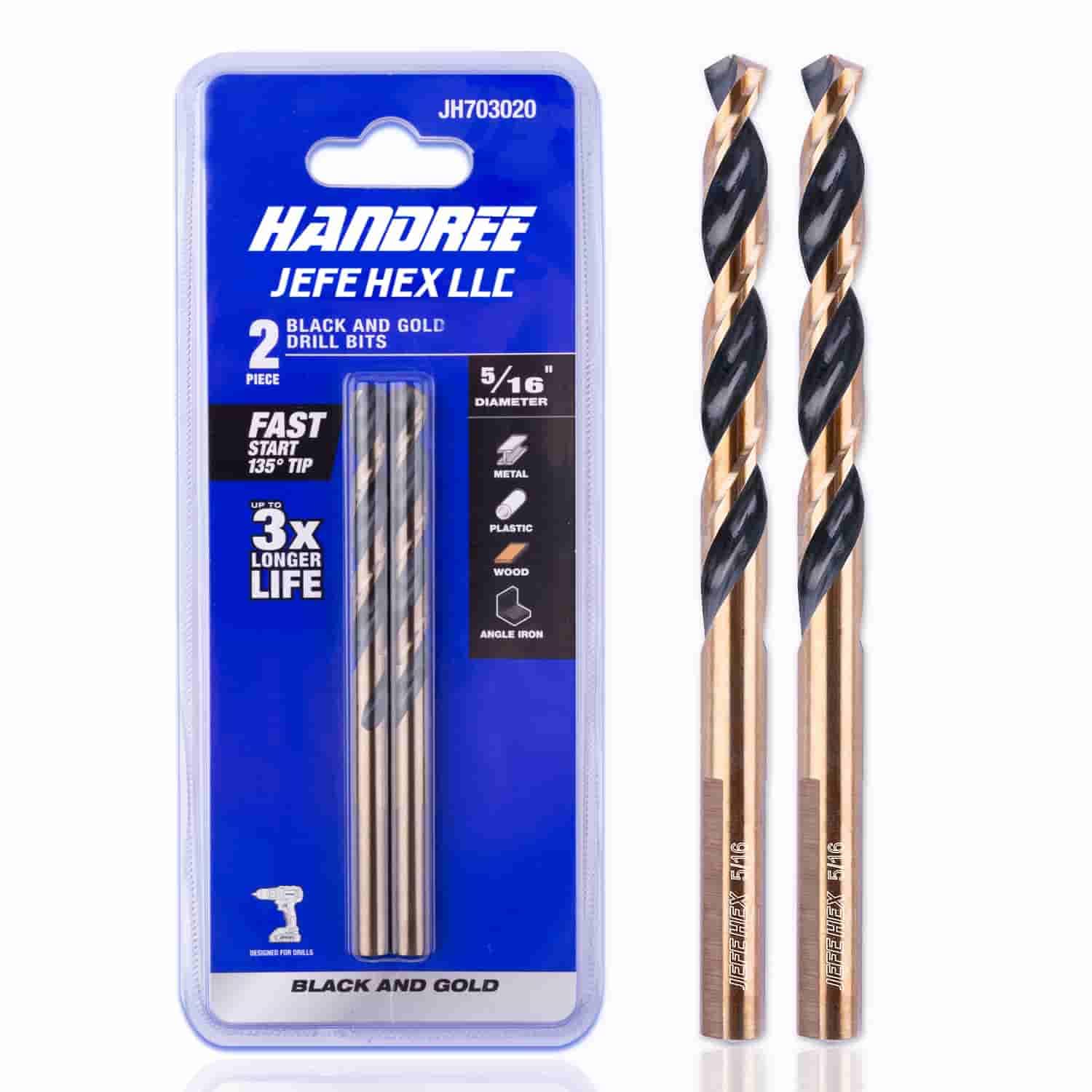 Photo 1 of JEFE HEX 5/16-Inch High Speed Steel with 3-Flat Shanks, Black & Gold Finished, Jobber Length Twist Drill Bit, 135 Degree Split Point (2-Piece)