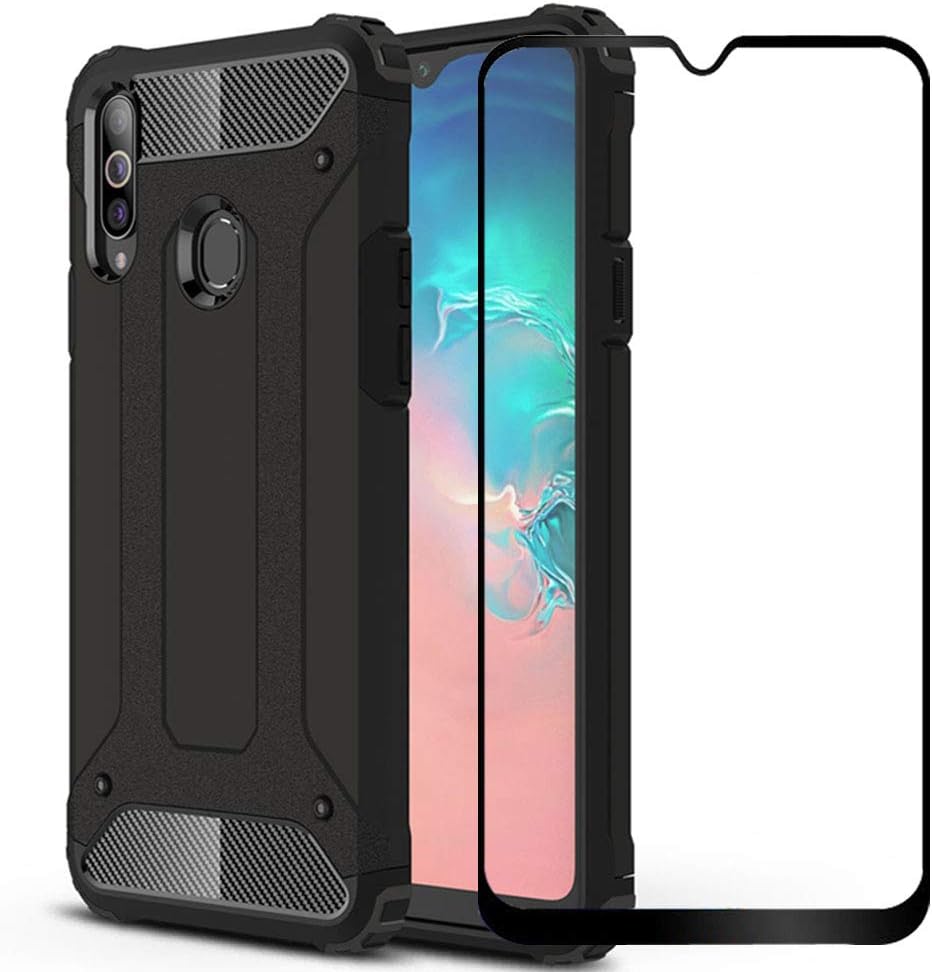 FLYME for Samsung Galaxy A20S Case with Tempered Glass Screen Protector, Heavy Duty Dual Layer Shockproof Rugged Non-Slip Scratch-Resistant Cover, Black