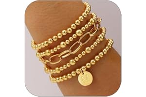 Lydow Gold Beaded Bracelets for Women, 18K Gold Plated Initial A-Z Stretch Bead Ball Stackable Bracelet with Letter Jewelry Set Gifts