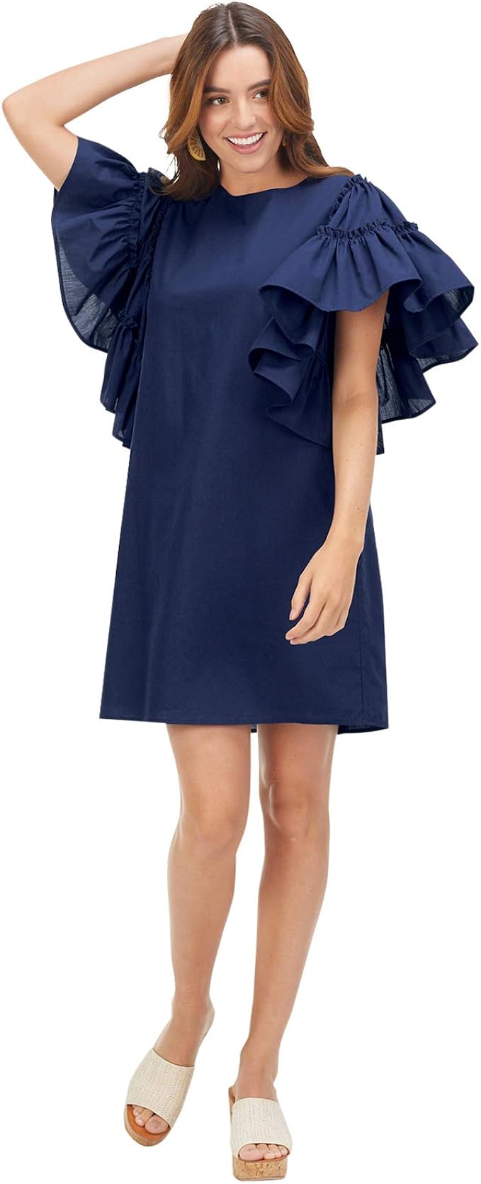navy ruffle sleeve dress