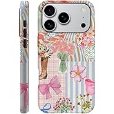 TnXee Case Compatible with iPhone 17 Pro,Fall Prevention Hybrid 2-Layer Hard Shell Phone Cover for Girls Boys,Pink Bow Ribbon Collage