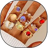 PWRXENT Chunky Gold Rings Set for Women Dainty Gemstone Crystal Ring Adjustable Thick Rings Vintage Jewelry
