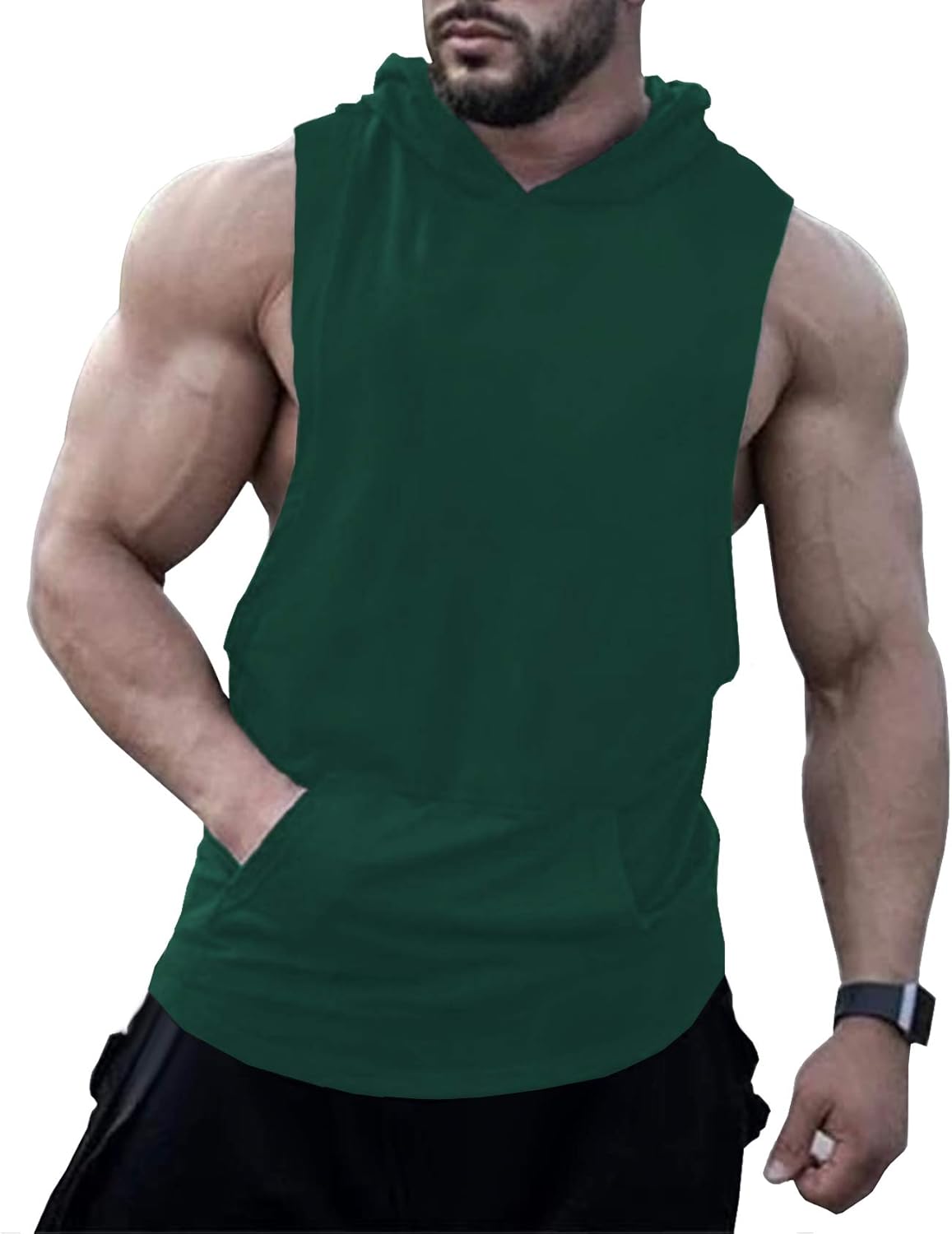 URRU Men's Hooded Tank Tops Workout Sleeveless Muscle Shirt with Kanga Pocket S-XXL: Clothing