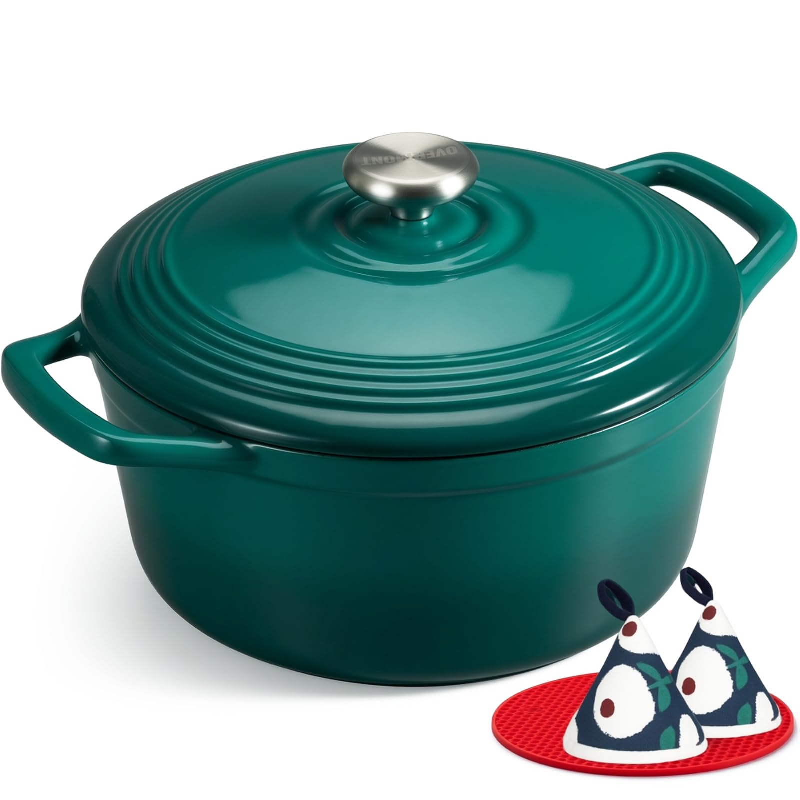 Overmont Enameled Cast Iron Dutch Oven - 5.5QT Pot with Lid Cookbook & Cotton Potholders - Heavy-Duty Cookware for Braising, Stews, Roasting, Bread Baking Bottle green Image