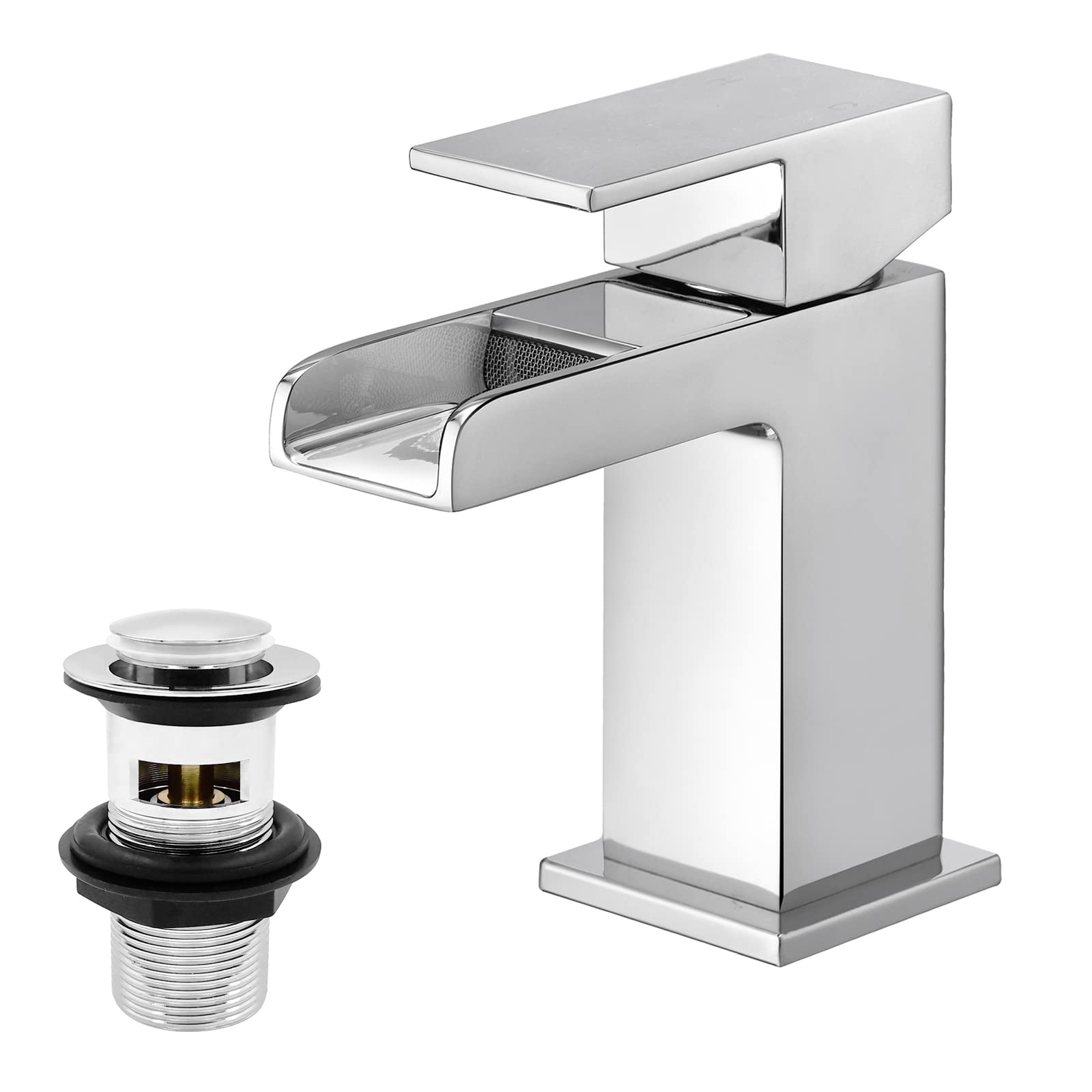 Waterfall Square Basin Taps with Pop Up Waste, BATHWEST Basin Mixer Taps with Drain, Monobloc Chromed Brass Bathroom Sink Taps with Sink Plug 612M