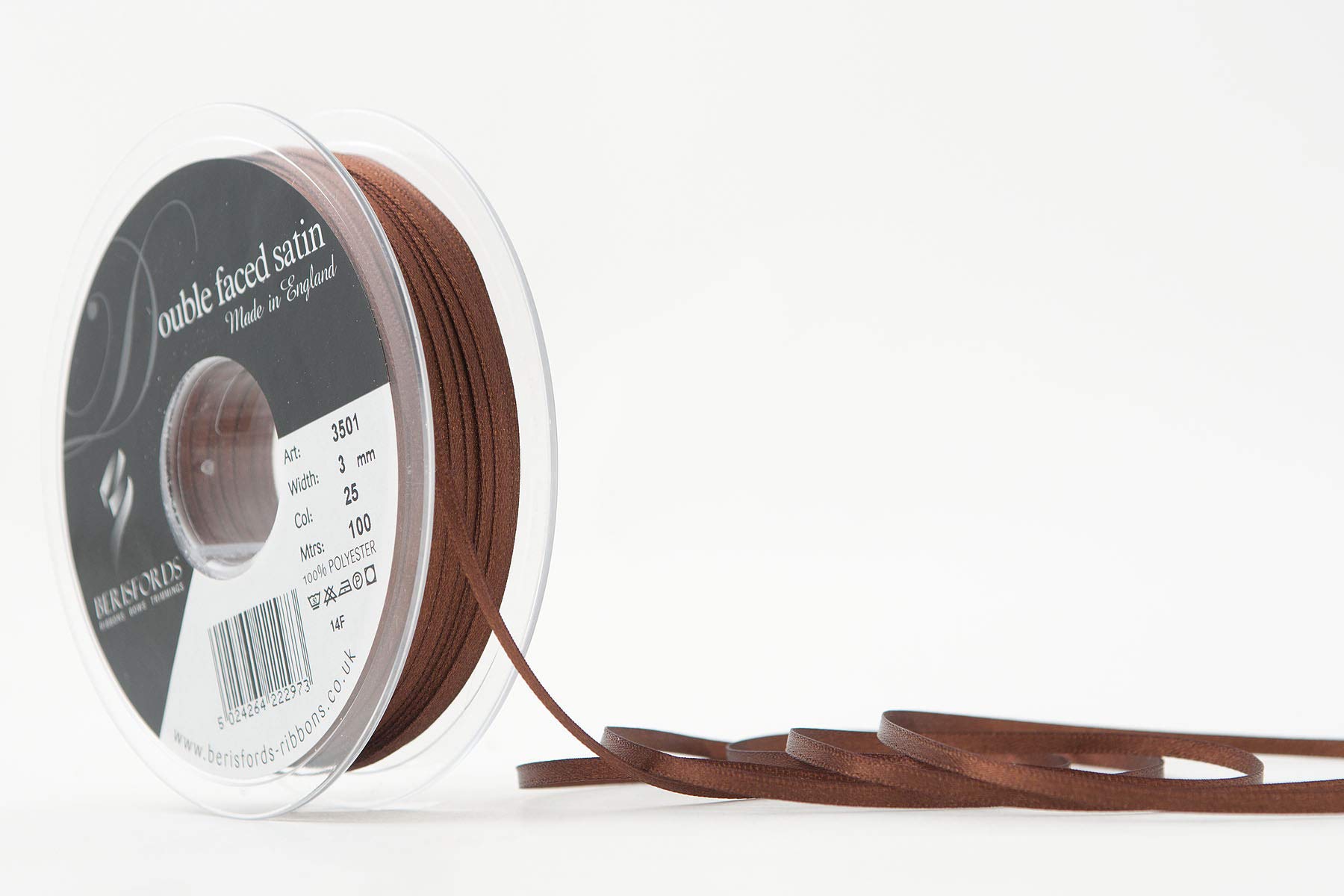 Berisfords Double Faced Satin Ribbon, Dark Brown, 3 mm Width, 100 metre Length