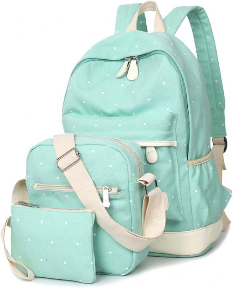 Evay 3PCS Canvas School Bags Set Backpack Vintage Leisure Series Polka Dots Colorful Rucksack School Backpack for Youth Teenager Girls and Boys Cute Casual Daypack + Shoulder Bags Messenger Bag + Pencil Case Purse