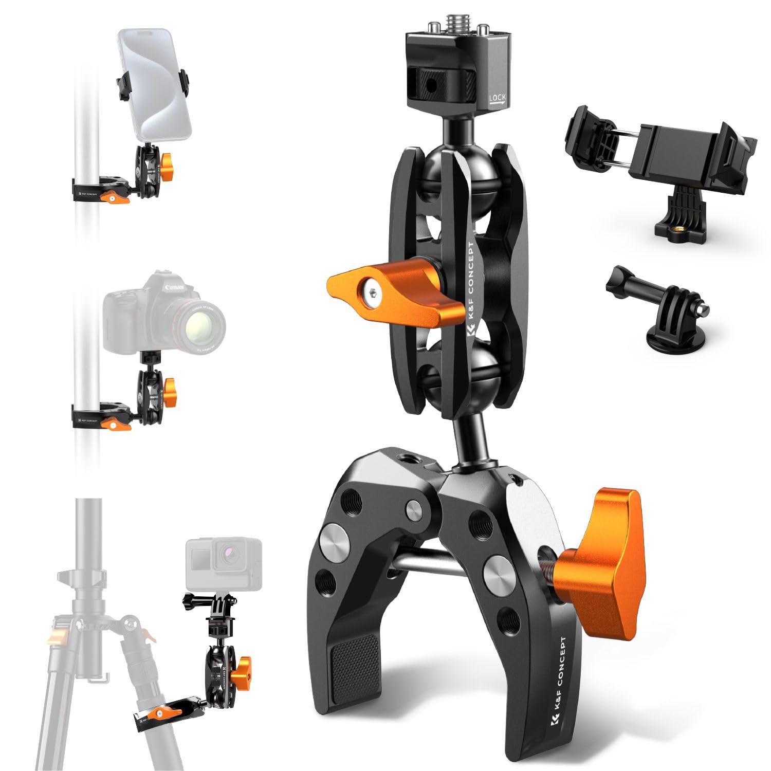 K&F CONCEPT Super Clamp with Dual Ballhead Magic Arm, Camera Mount Clamp with Action Camera Phone Holder, 1/4" Threads Tripod Clamp Compatible with GoPro DJI, MS13