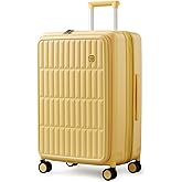aji Expandable Top Open 24 Inch Checked Luggage with Spinner Wheels, Large Suitcase with TSA Lock, Hardside Travel Luggage Suitcases for Men Women, for 14+Days Travel, Cheese Yellow