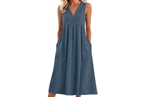 Frostluinai Linen Maxi Dresses for Women Casual V-Neck Long Dress Sleeveless Vacation Sundress with Pockets