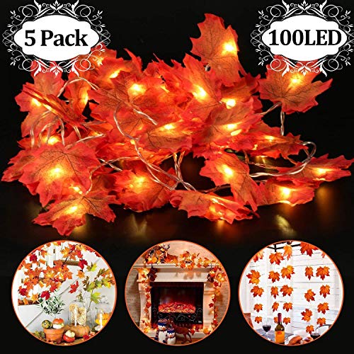 5 Pack Fall Maple Leaves String Light, 50 Feet 100 LED Light Fall Wreath Garland Decorations for Party Halloween Thanksgiving Harvest Autumn Indoor Outdoor Home Patio Garden Battery Powered by Qiwoo