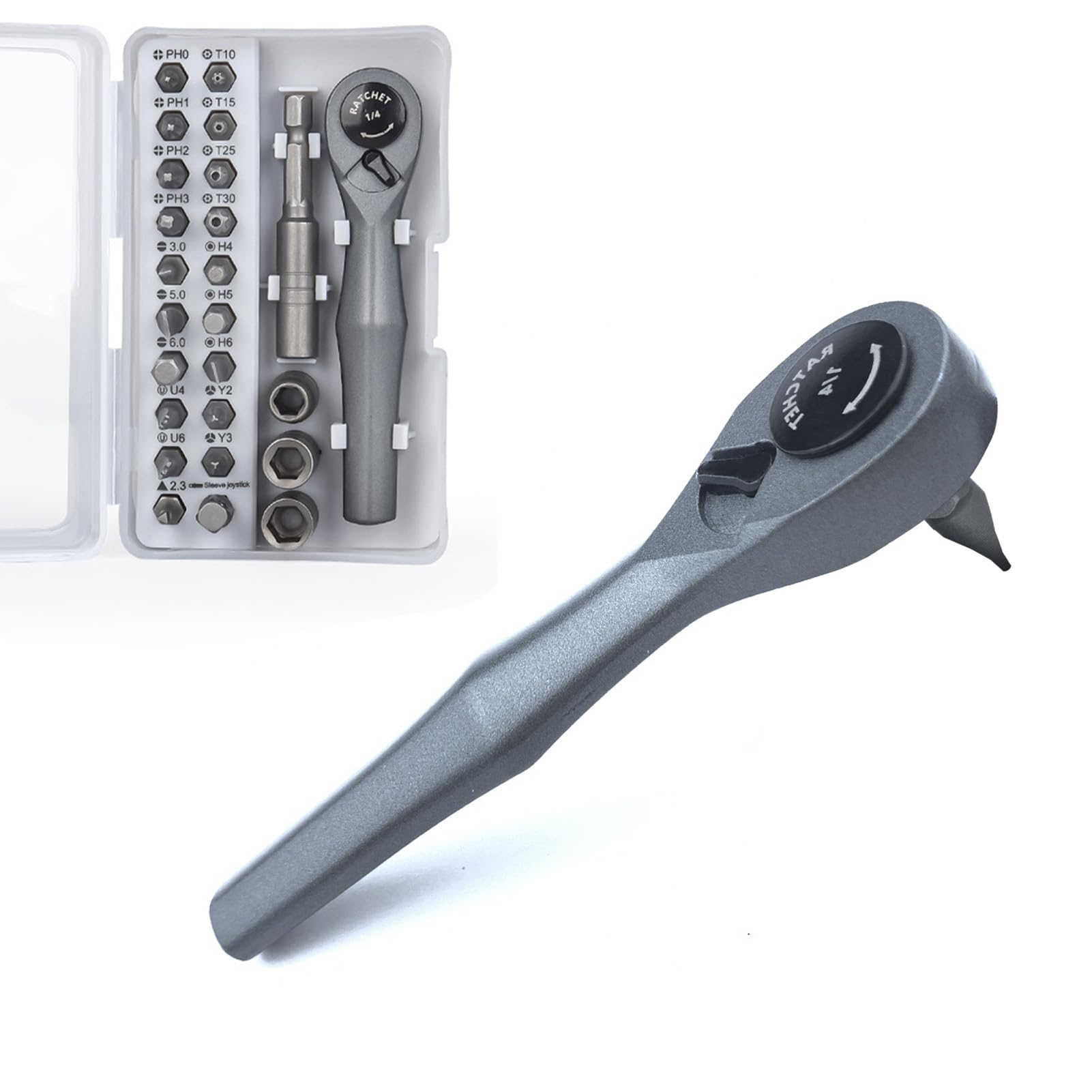 UYXiNONE 25-Piece 1/4 Mini Ratchet Set Screwdriver and Bit with Metric Socket Set, 72-Tooth Ratchet Stubby Ratchet 90 Degree Right Angle Screwdriver for Small Spaces