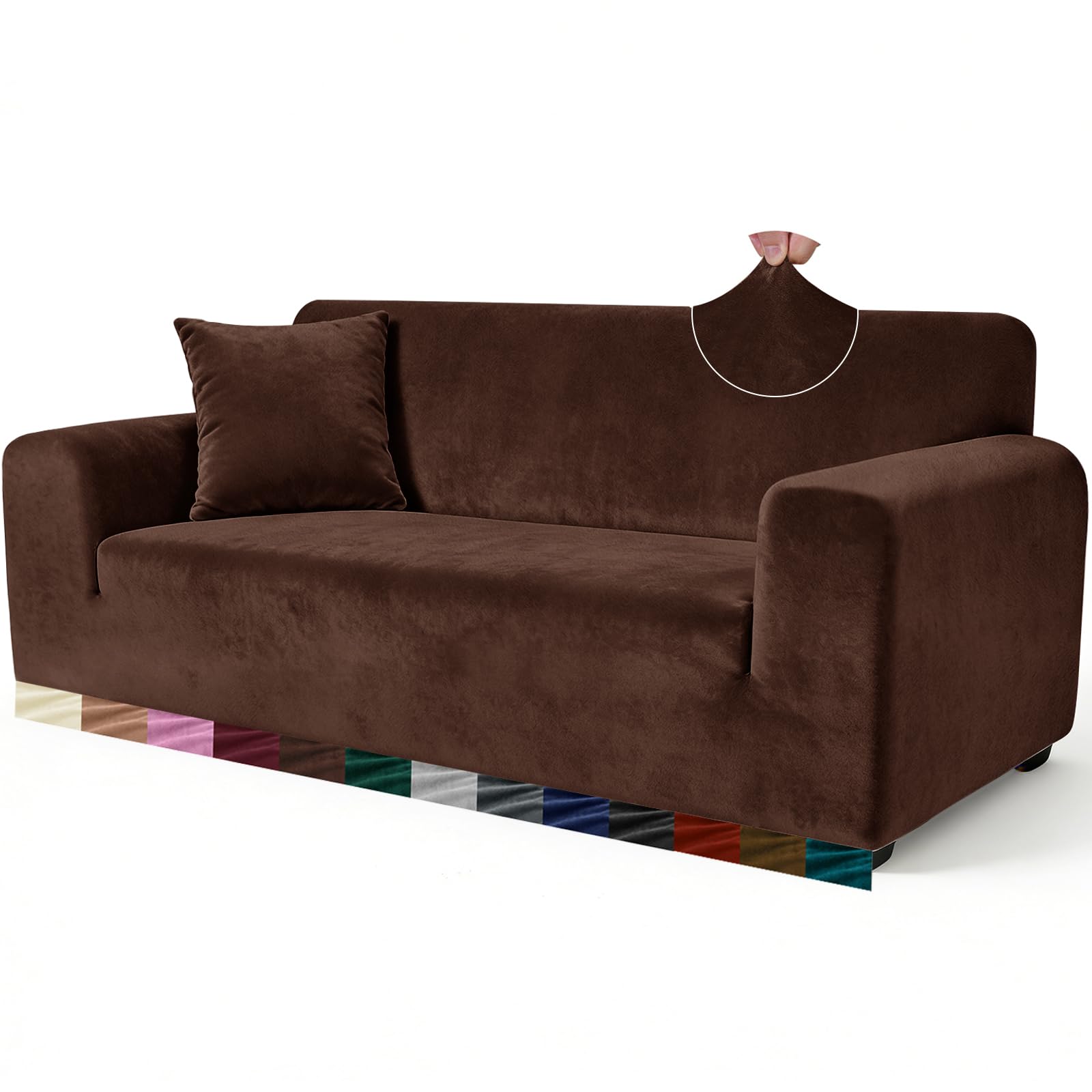 Yeahmart Thick Velvet Sofa Covers 2 Seater - Premium Stretch Couch Cover Loveseat Slipcover - Soft Furniture Protector for Pets - Includes Foam Rods for Non-Slip Fit - Machine Washable, Brown