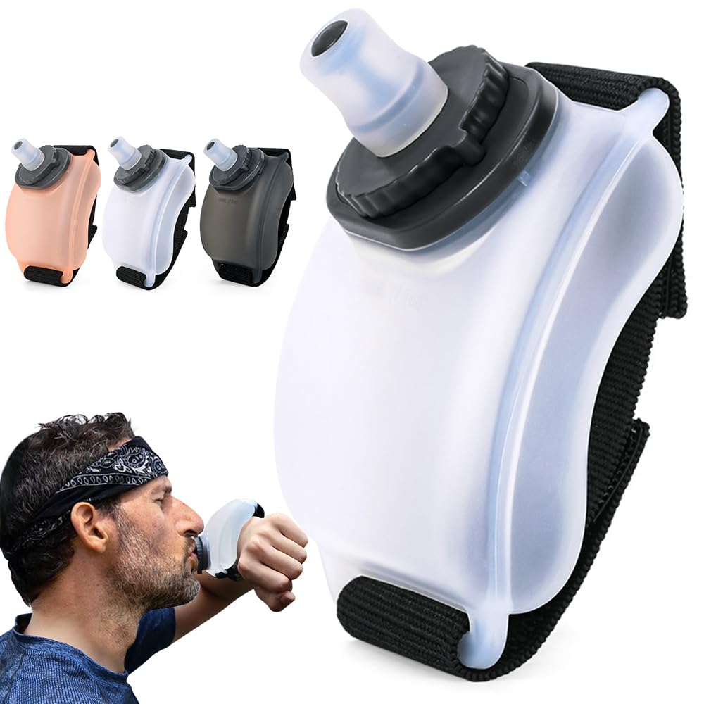 HINATAA Wrist Sports Water Bottle, Hand-Free Wrist Running Water Bottle, 7oz/200ml Leakproof BPA-Free Silicone Sports Water Bottle for Hydration Running Cycling Climbing and Outdoor Activity (White)