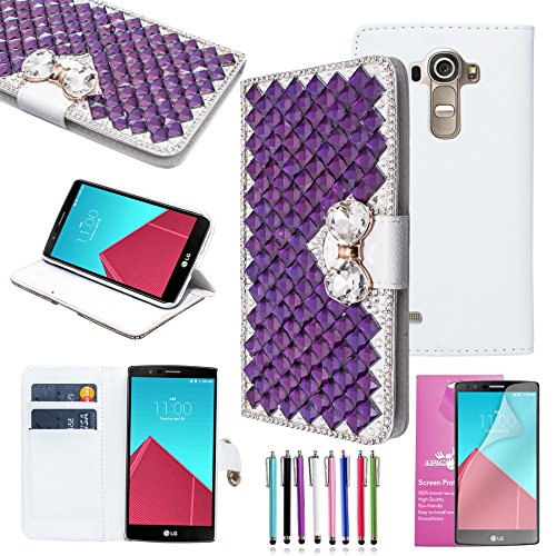 EpicGadget(TM) Extreme Deluxe Bling Purple Diamante Bow Bowknot White Leather Case Cover For LG G4 + HD Clear LG G4 Screen Protector AND 1 x Random Color Stylus (US Seller!!)