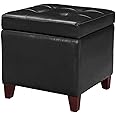 Adeco Storage Ottoman Foot Rest Stool, Leather Ottoman Footstool with Wood Legs and Hinged Lid, 18" Small Foot Stool Bench for Living Room, Bedroom, Black