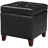 Adeco Storage Ottoman Foot Rest Stool, Leather Ottoman Footstool with Wood Legs and Hinged Lid, 18" Small Foot Stool Bench fo