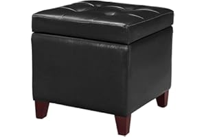 Adeco Storage Ottoman Foot Rest Stool, Leather Ottoman Footstool with Wood Legs and Hinged Lid, 18" Small Foot Stool Bench for Living Room, Bedroom, Black