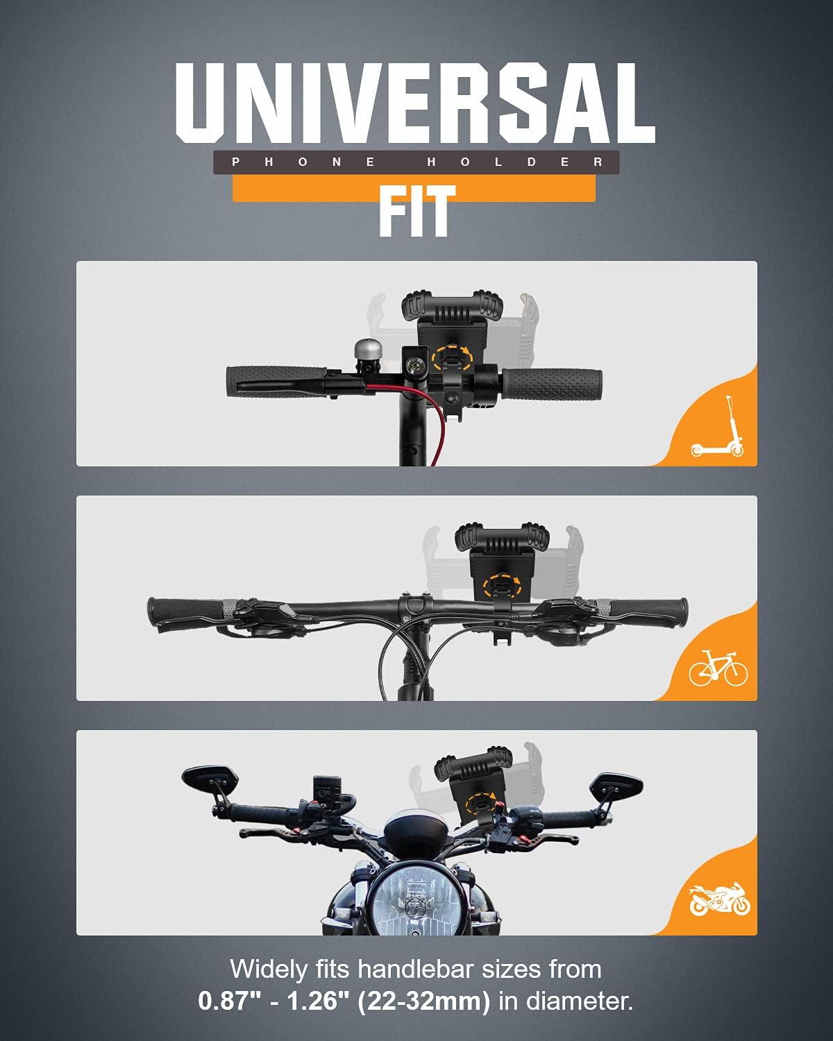 Beemoon Universal Phone Mount for Motorcycle, Scooter, Peloton Bike Phone Holder Compatible with iPhone 12 11Pro XR SE, All 4.7-6.8" Devices, Orange