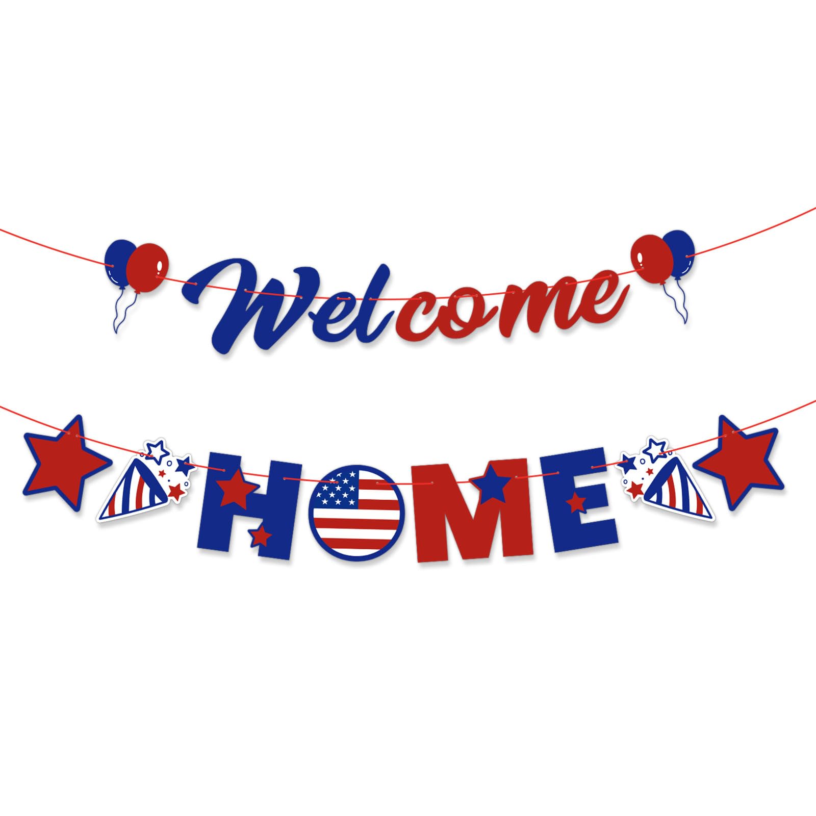 Photo 1 of Patriotic Welcome Home Banner, Red and Blue Pre-Strung American Flag Welcome Back Decorations for Military Navy Air Force Army Homecoming Decorations Party No DIY Required