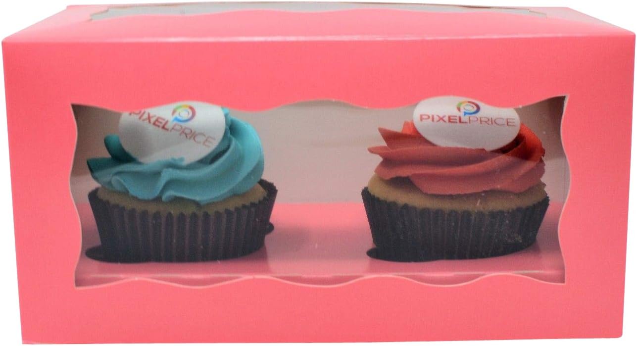 Windowed Cupcake Boxes with 2 Cavity Insert Holds 2 White Pink Black Kraft (Pack of 5) (Pink)